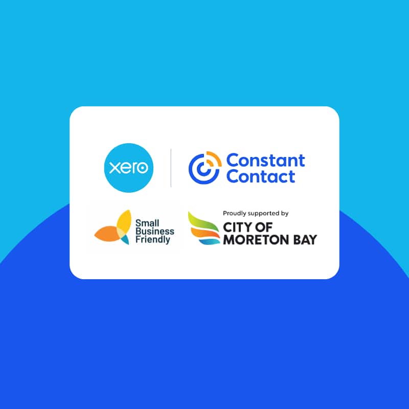 Constant Contact, Xero and City of Moreton Bay’s logos locked up together on white and bright blue background.